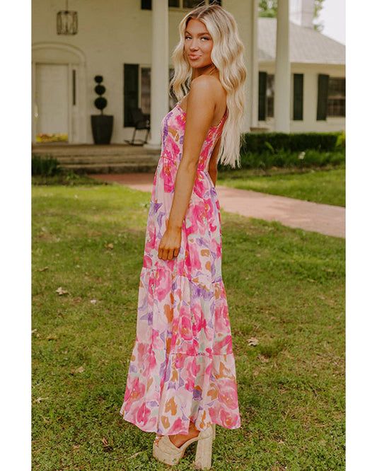 Pink Abstract Floral Print Shirred One Shoulder Maxi Dress