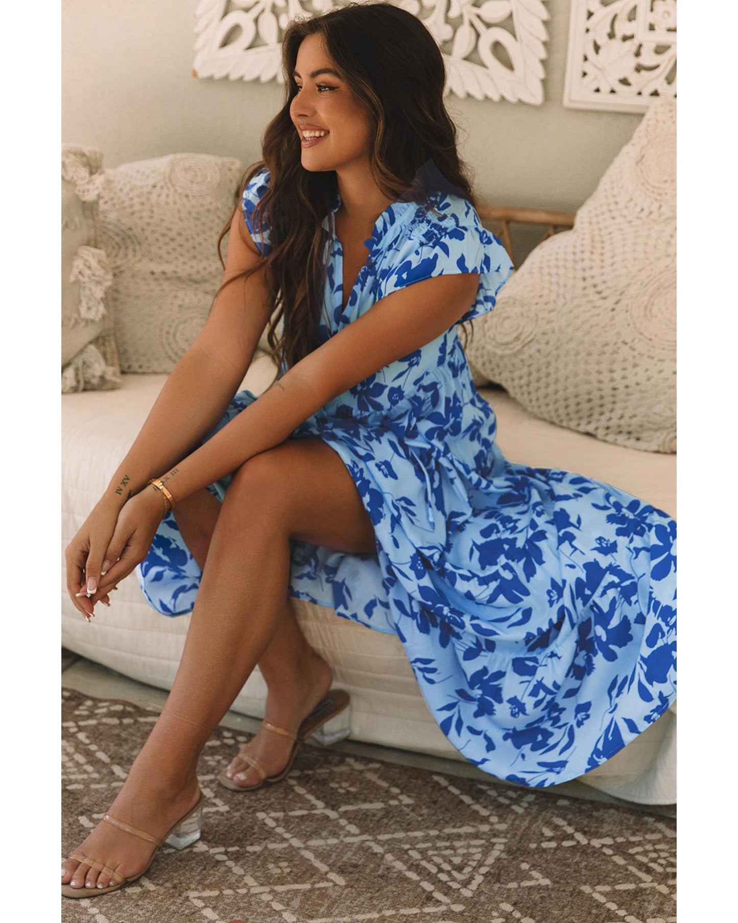 Sky Blue Floral Print Tiered Frilled Trim Flutter Sleeve Maxi Dress - S