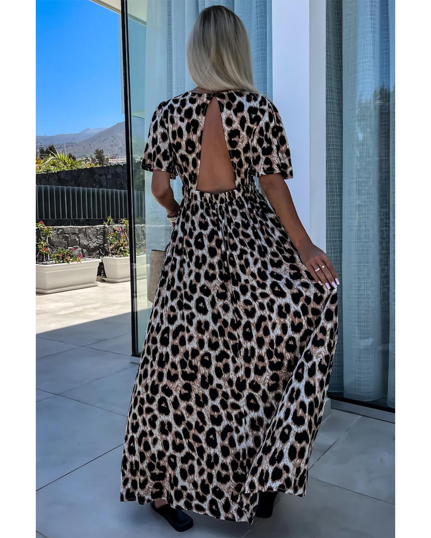 Khaki Leopard V Neck Cinched High Waist Open Back Maxi Dress - M