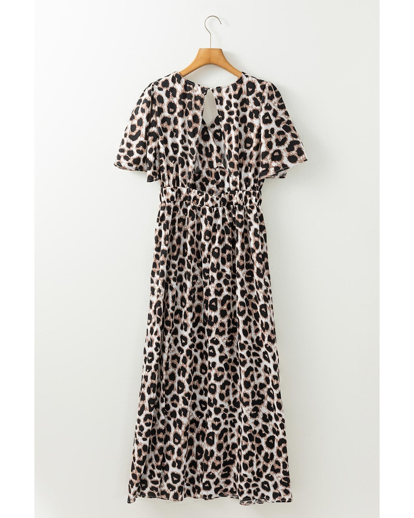 Khaki Leopard V Neck Cinched High Waist Open Back Maxi Dress - M