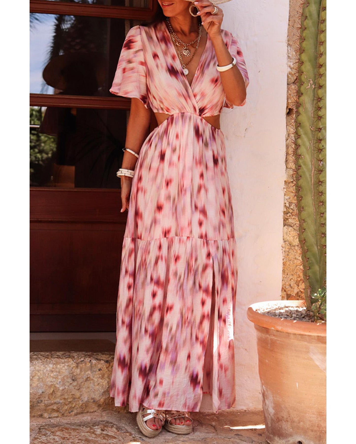 Pink Abstract Printed Flutter Sleeve Daring Cutout Long Dress - L