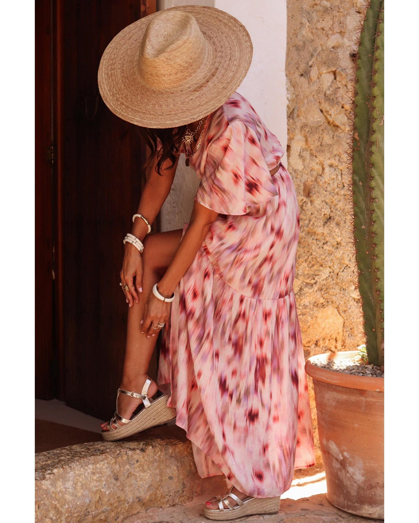 Pink Abstract Printed Flutter Sleeve Daring Cutout Long Dress - L