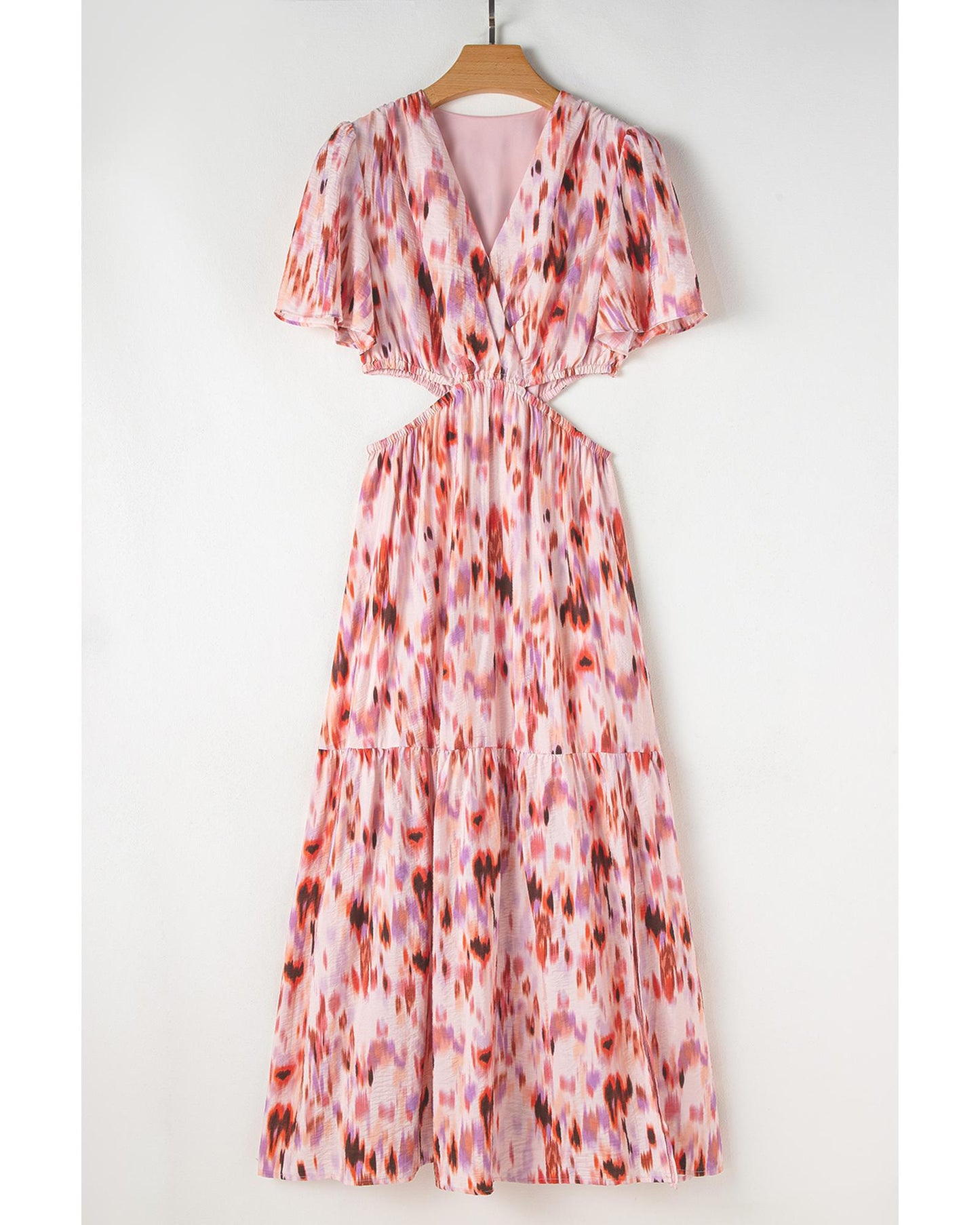 Pink Abstract Printed Flutter Sleeve Daring Cutout Long Dress - L