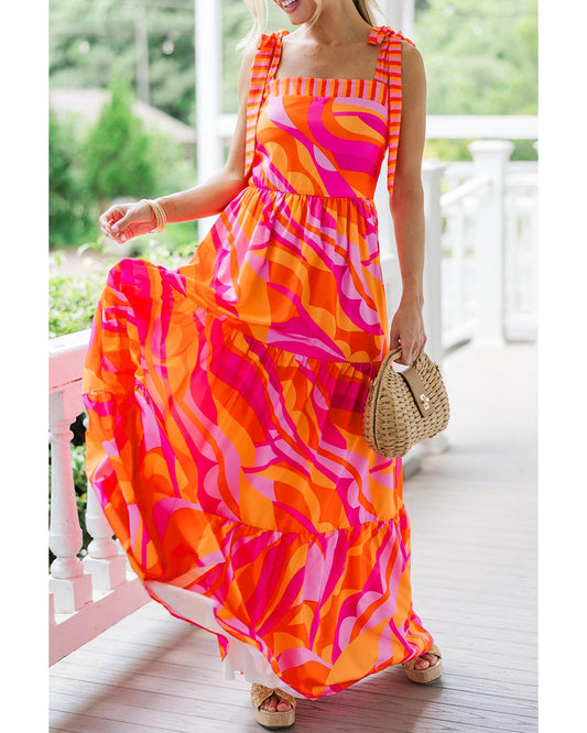 Red Abstract Print Knotted Shoulder High Waist Maxi Dress