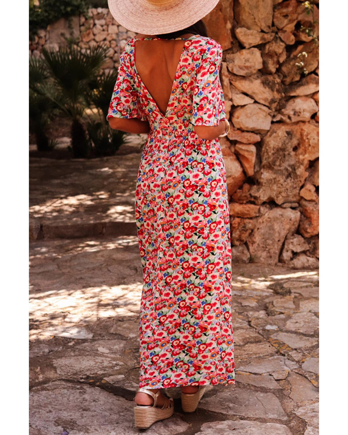 Red Floral Half Sleeve Deep V Neck Cutout Back Split Maxi Dress - XL