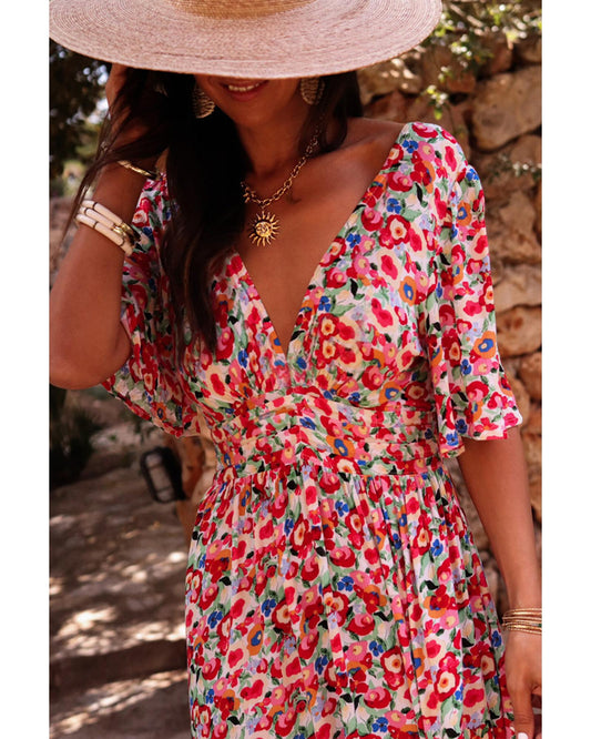 Red Floral Half Sleeve Deep V Neck Cutout Back Split Maxi Dress - XL