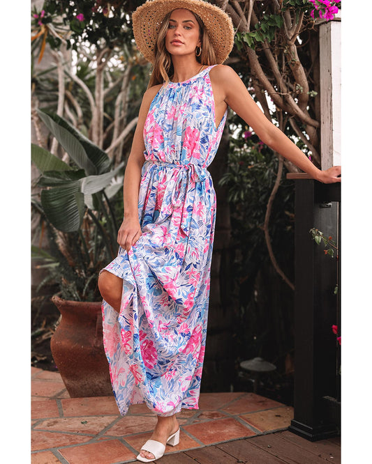 Sky Blue Floral Printed Sleeveless O Neck Knot Waist Maxi Dress - M