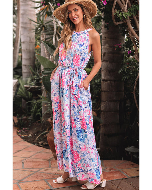 Sky Blue Floral Printed Sleeveless O Neck Knot Waist Maxi Dress - M