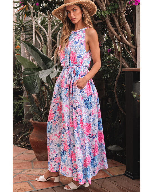 Sky Blue Floral Printed Sleeveless O Neck Knot Waist Maxi Dress - M