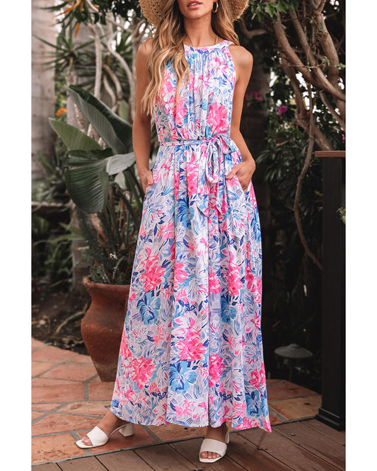 Sky Blue Floral Printed Sleeveless O Neck Knot Waist Maxi Dress - M