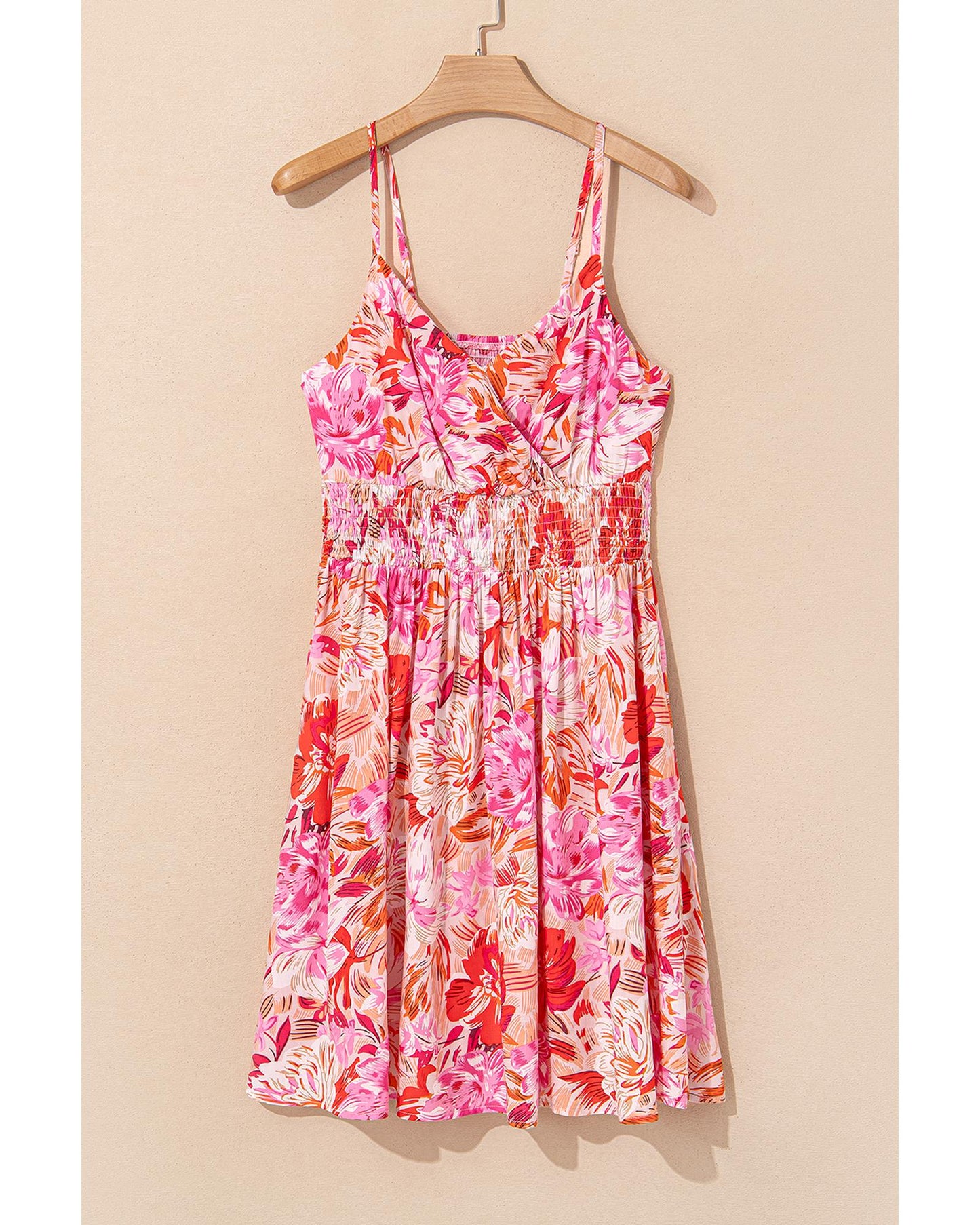 Floral Spaghetti Strap Surplice Neck Shirred Waist Mini Dress for Summer