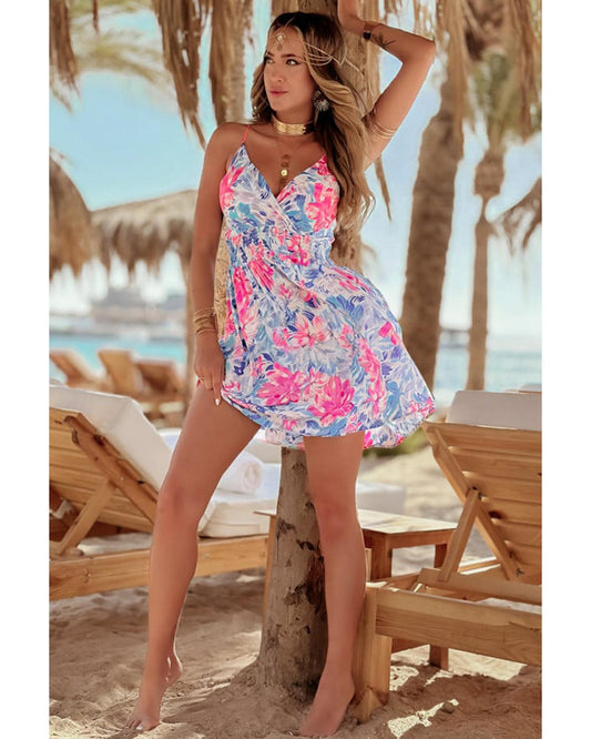 Red Floral Spaghetti Strap Surplice Neck Shirred Waist Mini Dress - L