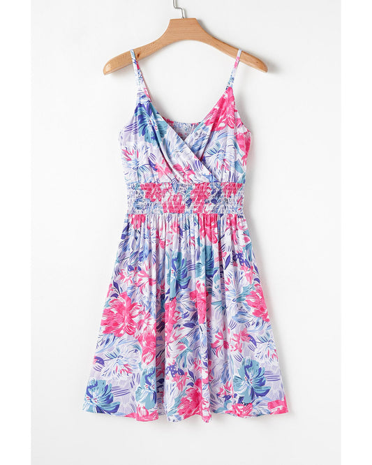 Red Floral Spaghetti Strap Surplice Neck Shirred Waist Mini Dress - L