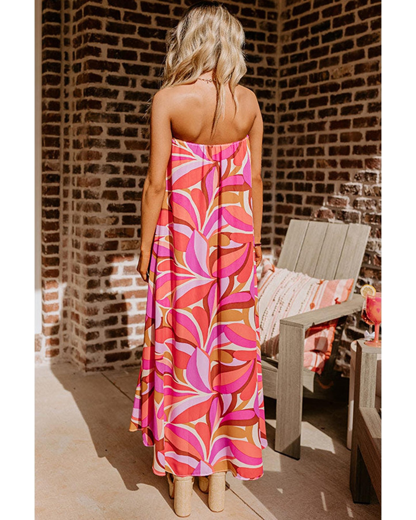 Rose Floral High Low Bandeau Vacay Dress - L