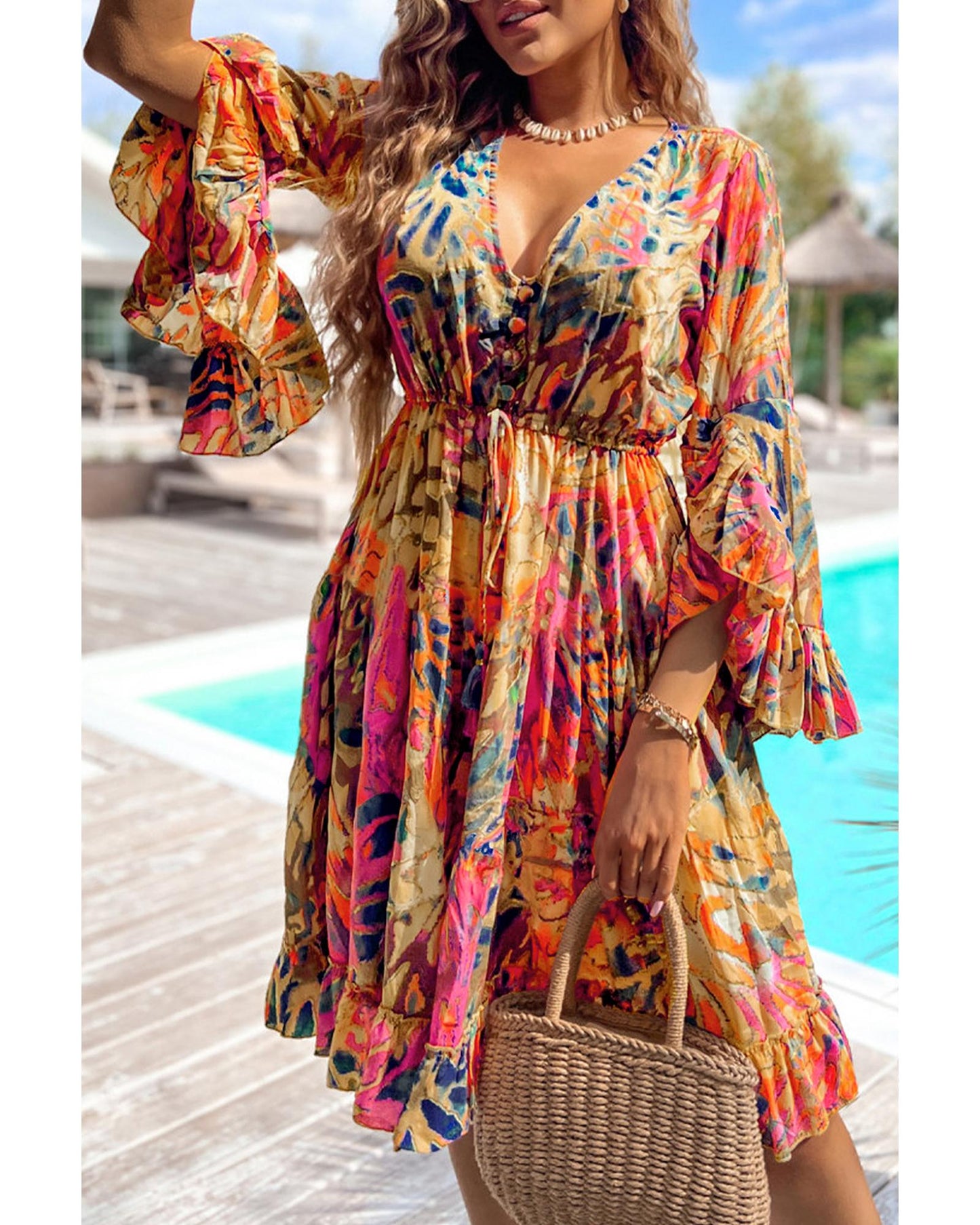 Pink Plant Print Flared Sleeve Ruffled Hem Tunic High Waist Flowy Dress - L
