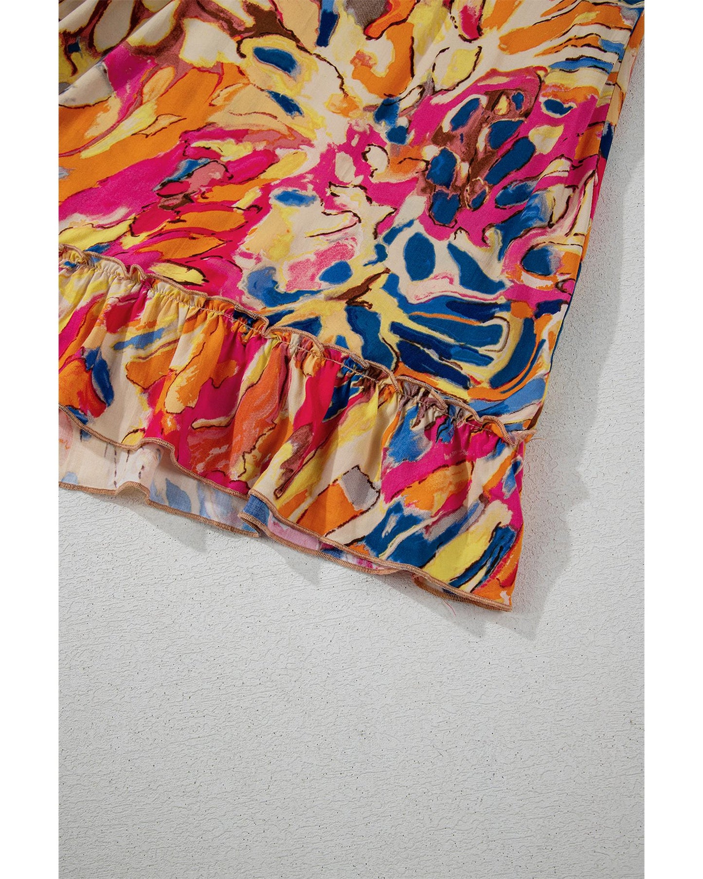 Pink Plant Print Flared Sleeve Ruffled Hem Tunic High Waist Flowy Dress - L