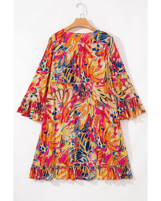 Pink Plant Print Flared Sleeve Ruffled Hem Tunic High Waist Flowy Dress - L