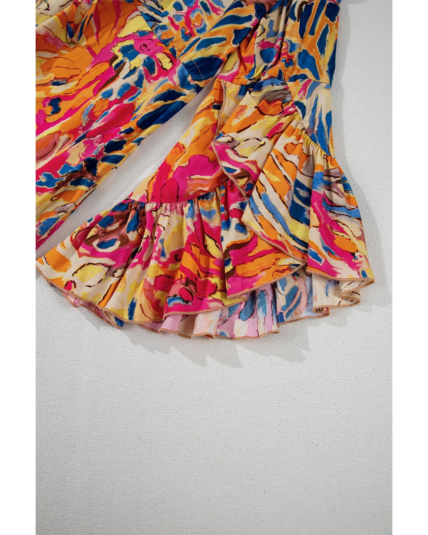 Pink Plant Print Flared Sleeve Ruffled Hem Tunic High Waist Flowy Dress - L