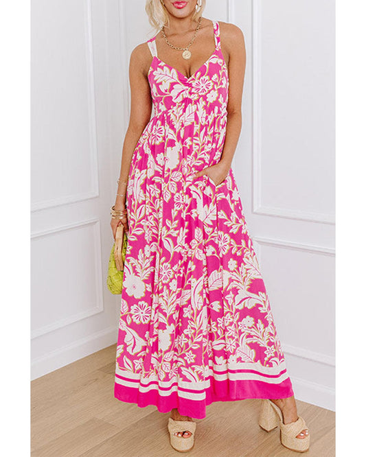 Rose Floral V Neck Crisscross Backless Maxi Dress - XL