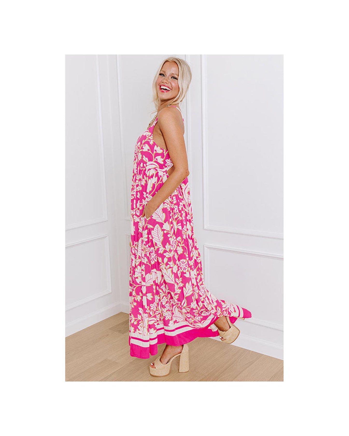 Rose Floral V Neck Crisscross Backless Maxi Dress - XL