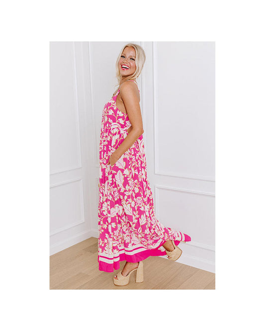 Rose Floral V Neck Crisscross Backless Maxi Dress - XL
