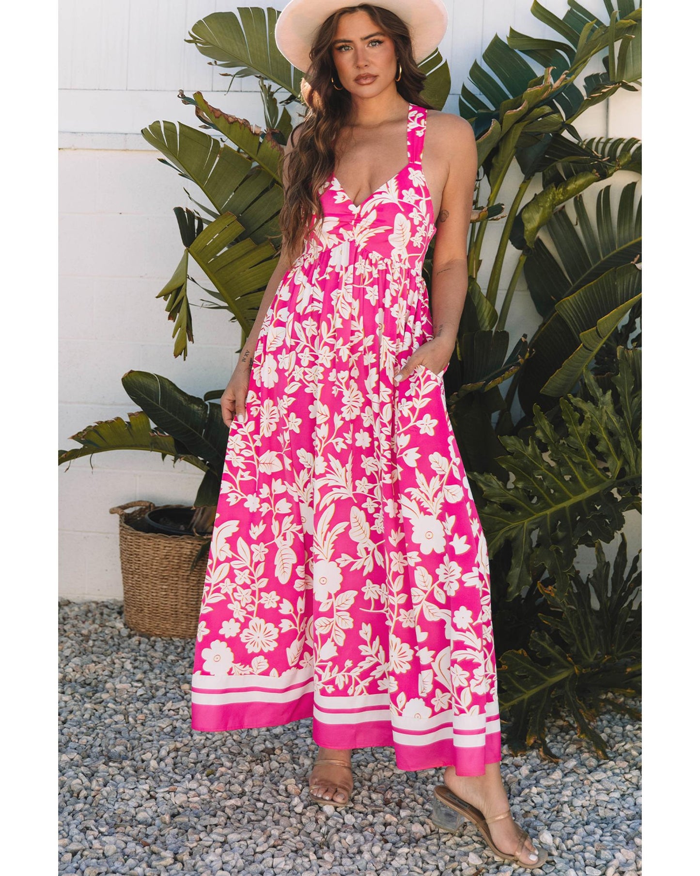 Rose Floral V Neck Crisscross Backless Maxi Dress - XL
