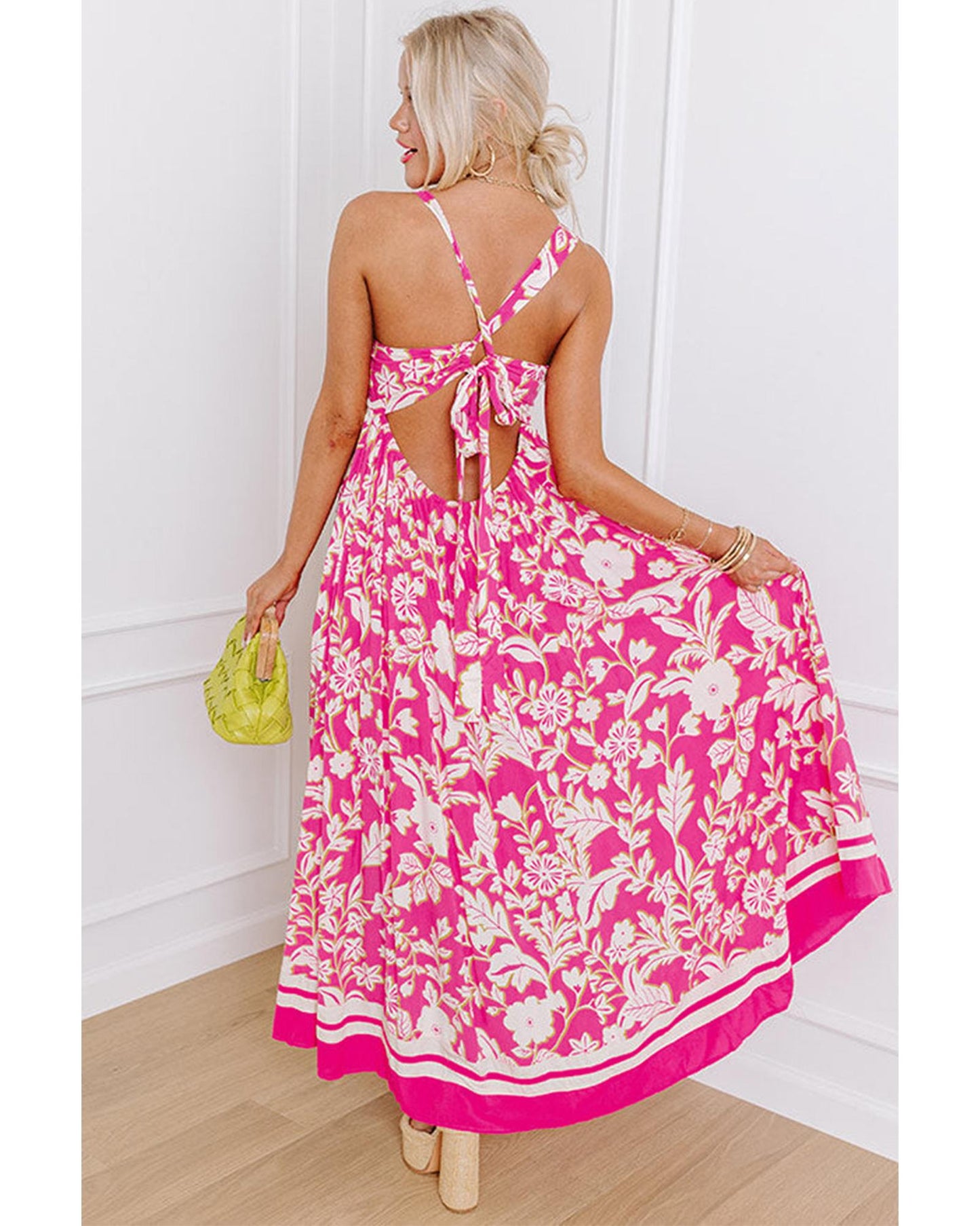 Rose Floral V Neck Crisscross Backless Maxi Dress - XL