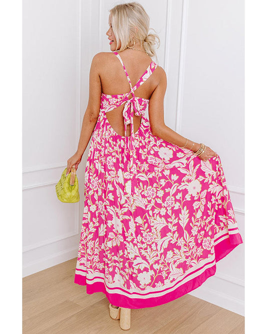 Rose Floral V Neck Crisscross Backless Maxi Dress - XL