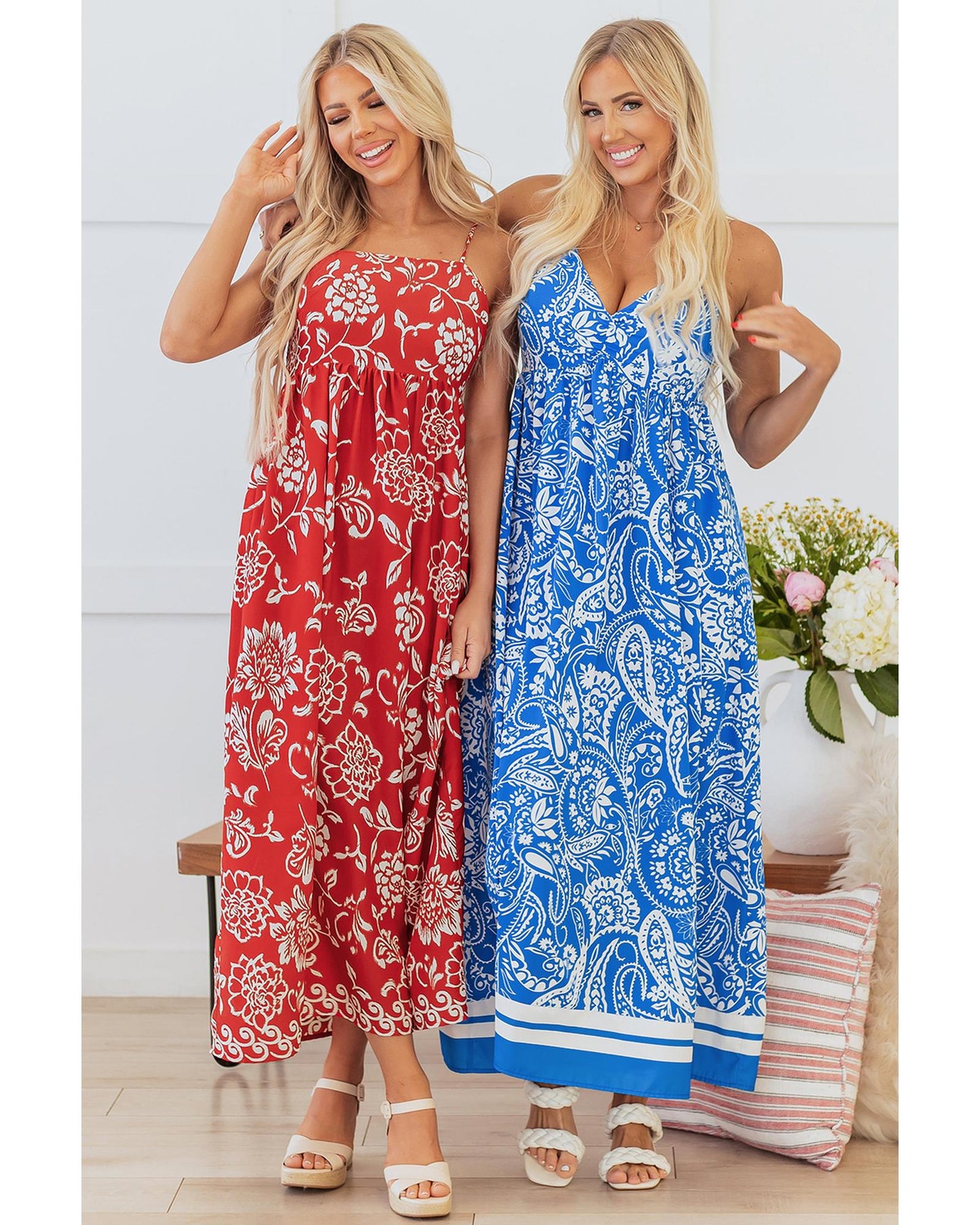 Red Floral Printed Spaghetti Strap Empire Waist Maxi Dress - L
