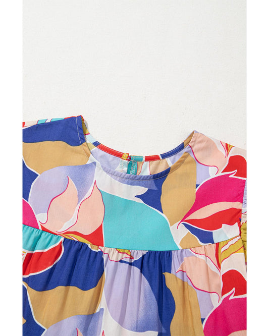 Pink Abstract Printed Ruffled Flutter Sleeve Tiered Mini Dress - L