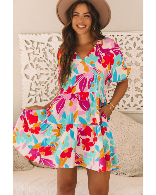 Rose Red Floral Bubble Sleeve V Neck Tiered Ruffle Babydoll Dress - XL