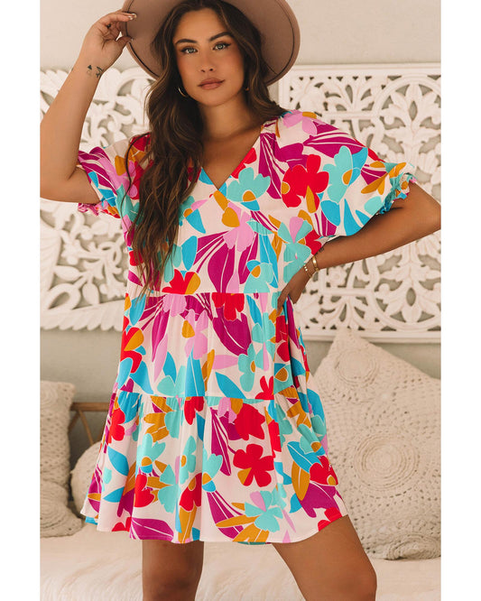 Rose Red Floral Bubble Sleeve V Neck Tiered Ruffle Babydoll Dress - XL