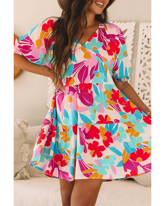 Rose Red Floral Bubble Sleeve V Neck Tiered Ruffle Babydoll Dress - XL