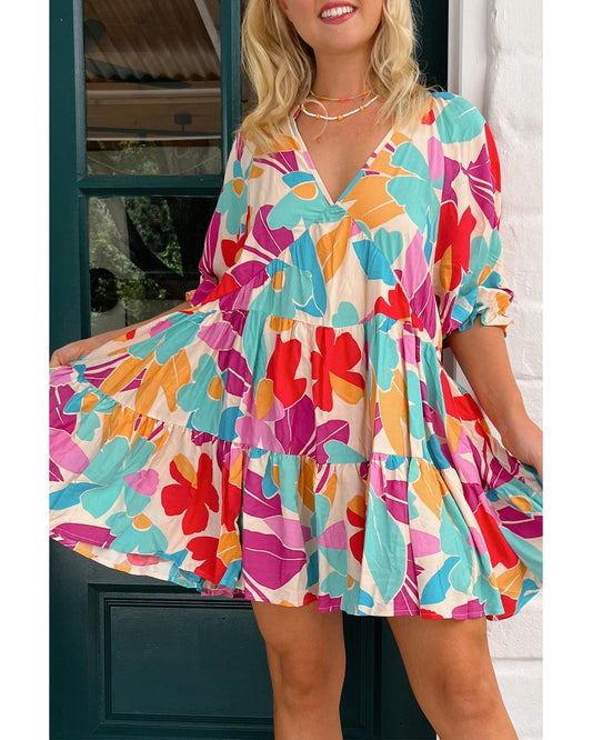 Rose Red Floral Bubble Sleeve V Neck Tiered Ruffle Babydoll Dress - XL