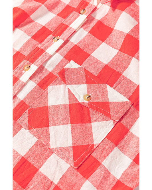 Pink Oversized Plaid Puff Sleeve Round Hem Shirt Dress - L