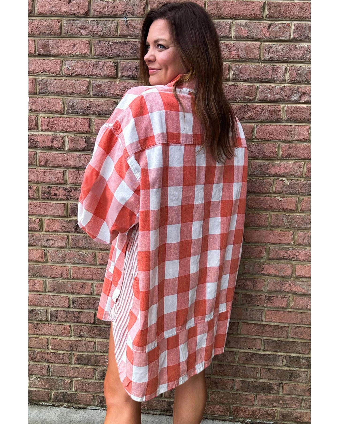 Pink Oversized Plaid Puff Sleeve Round Hem Shirt Dress - L