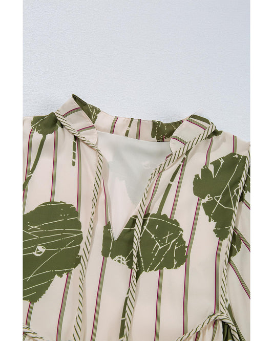 Guacamole Green Floral Striped Print Contrast Piping Puff Sleeve Dress - L