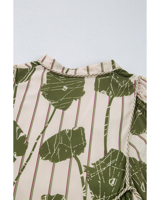 Guacamole Green Floral Striped Print Contrast Piping Puff Sleeve Dress - L