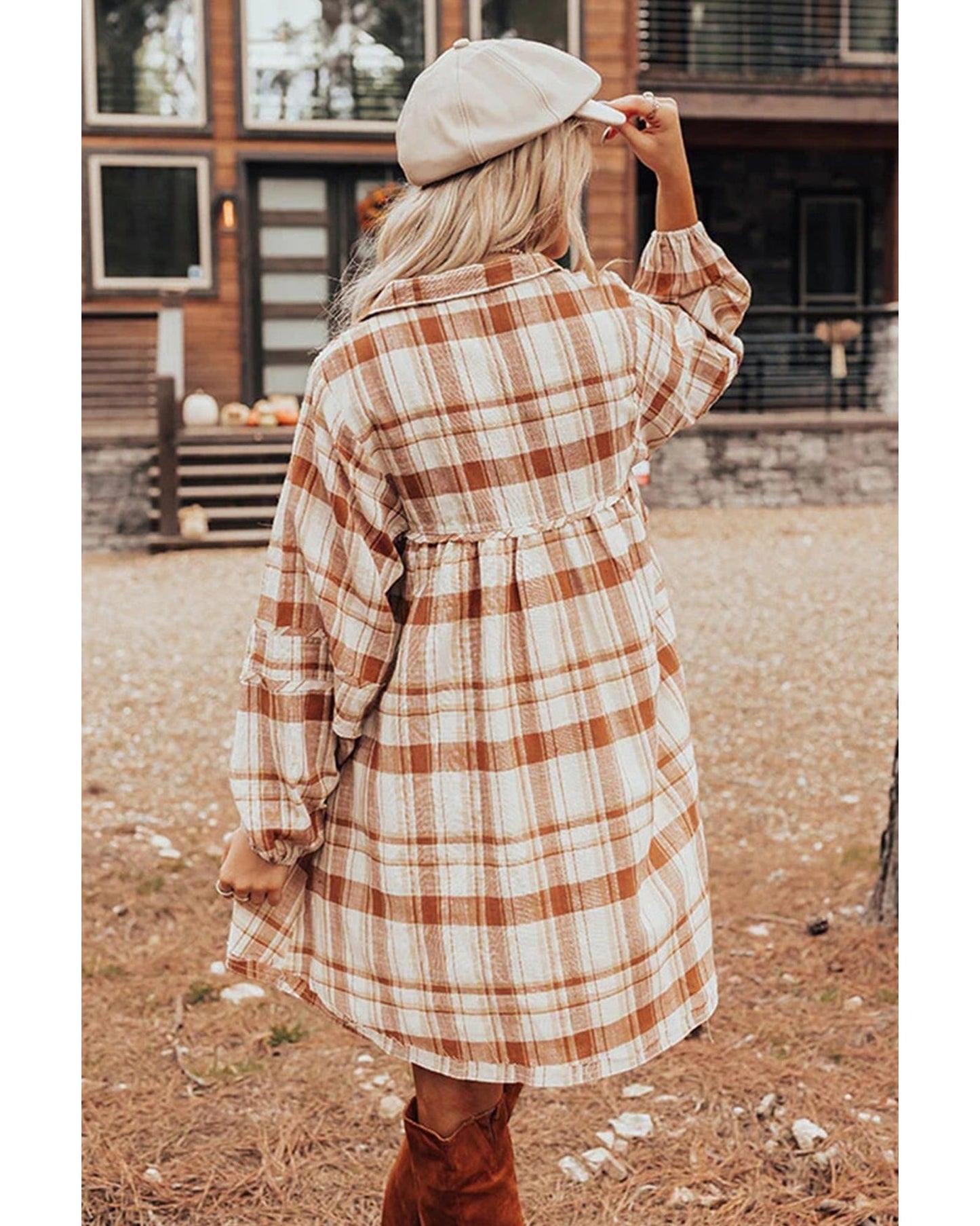 Brown Plaid Print Side Pockets Frilled Babydoll Mini Dress