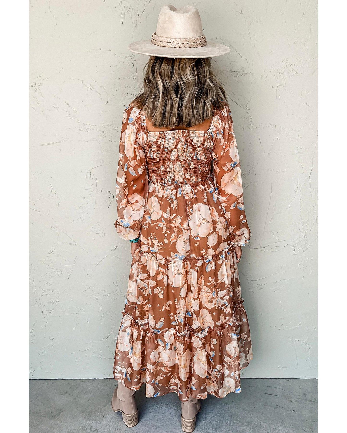 Brown Floral Print Shirred Square Neck High Waist Maxi Dress - L