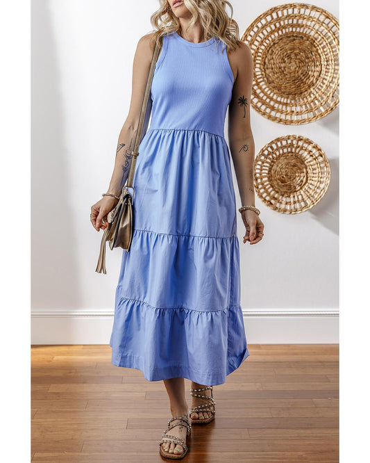 Ribbed Vest Patchwork Tiered Midi Dress with Pockets