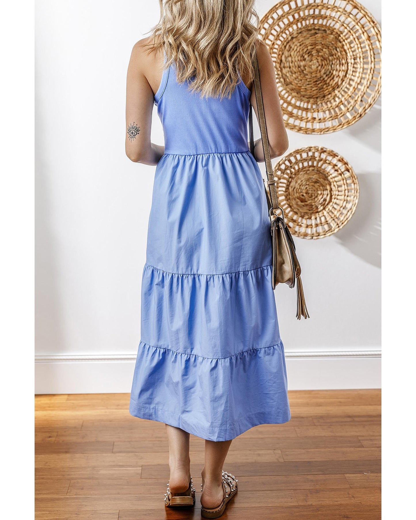Ribbed Vest Patchwork Tiered Midi Dress with Pockets
