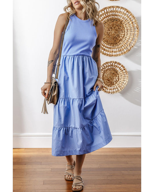 Ribbed Vest Patchwork Tiered Midi Dress with Pockets