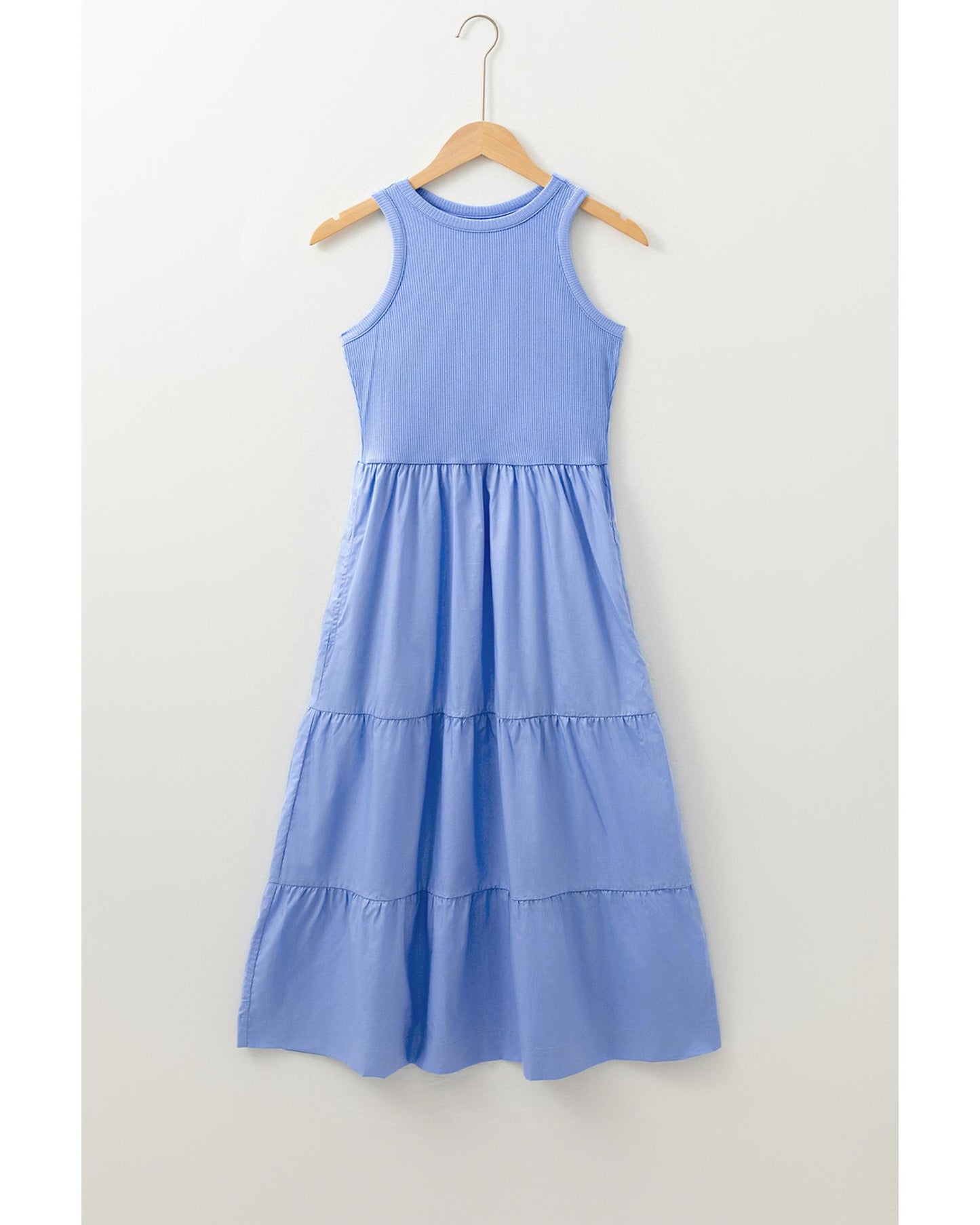 Ribbed Vest Patchwork Tiered Midi Dress with Pockets