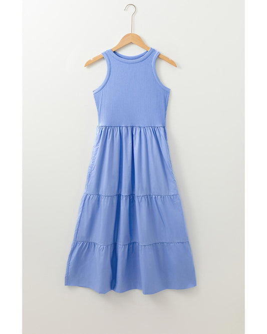 Ribbed Vest Patchwork Tiered Midi Dress with Pockets