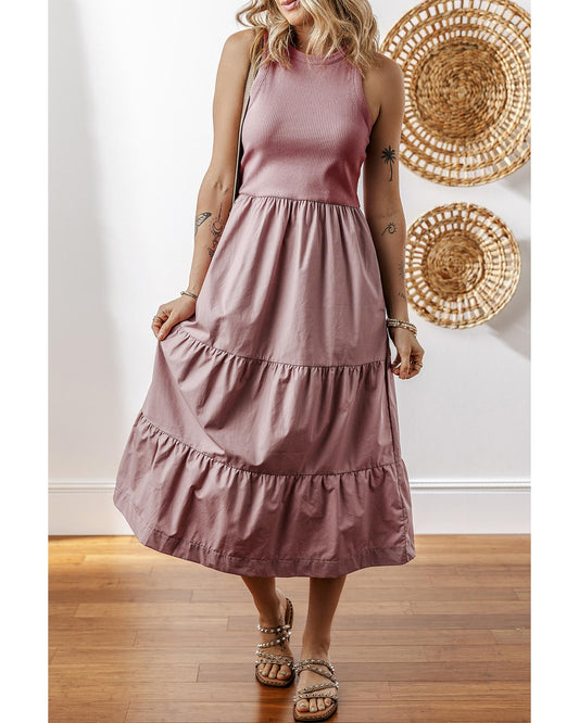 Ribbed Vest Patchwork Tiered Midi Dress with Pockets