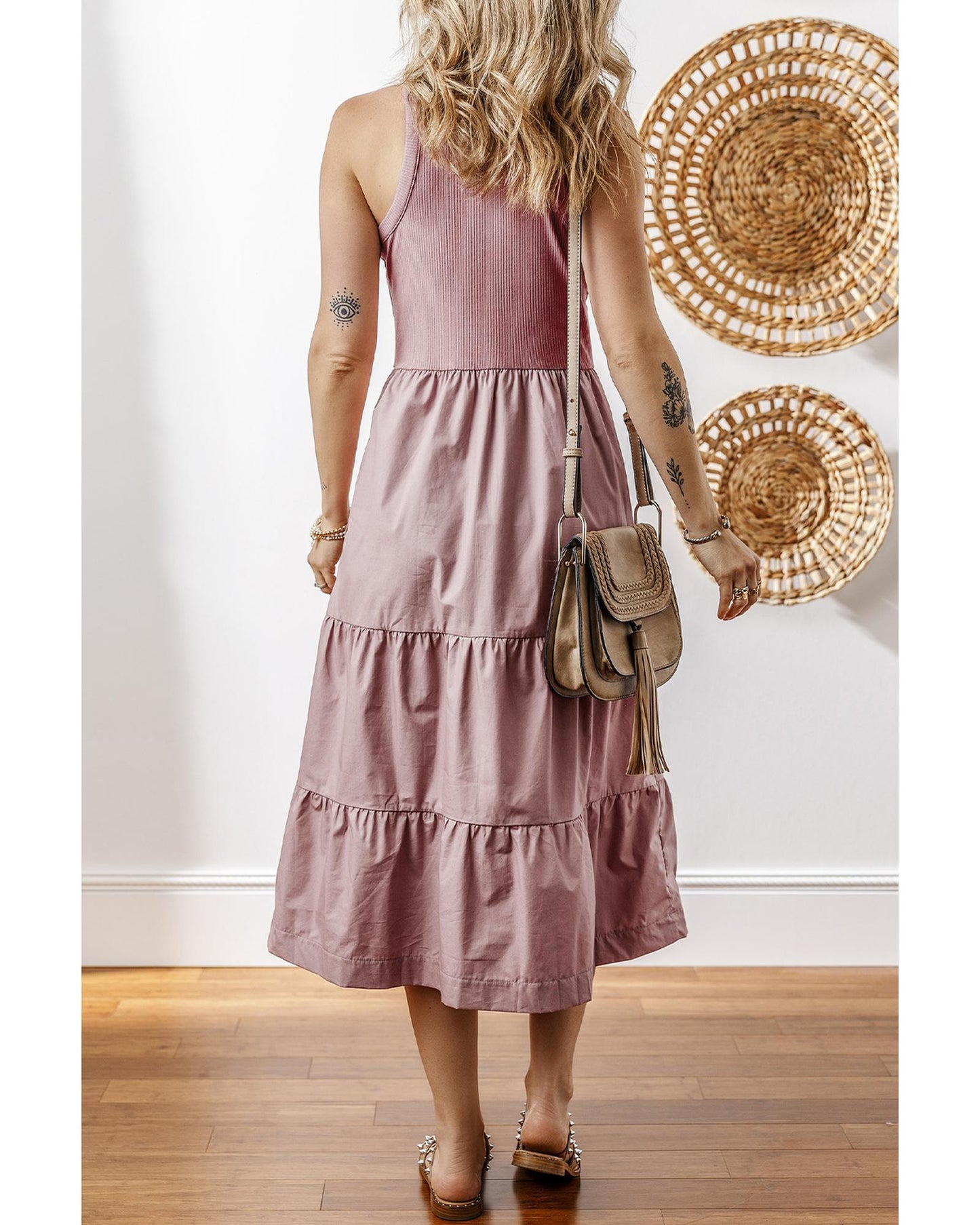 Ribbed Vest Patchwork Tiered Midi Dress with Pockets