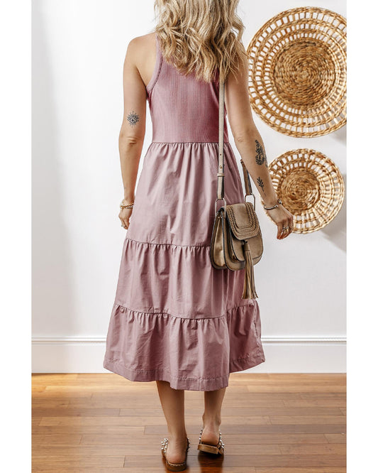 Ribbed Vest Patchwork Tiered Midi Dress with Pockets