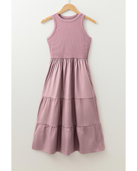 Ribbed Vest Patchwork Tiered Midi Dress with Pockets