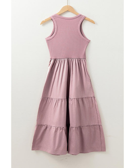 Ribbed Vest Patchwork Tiered Midi Dress with Pockets